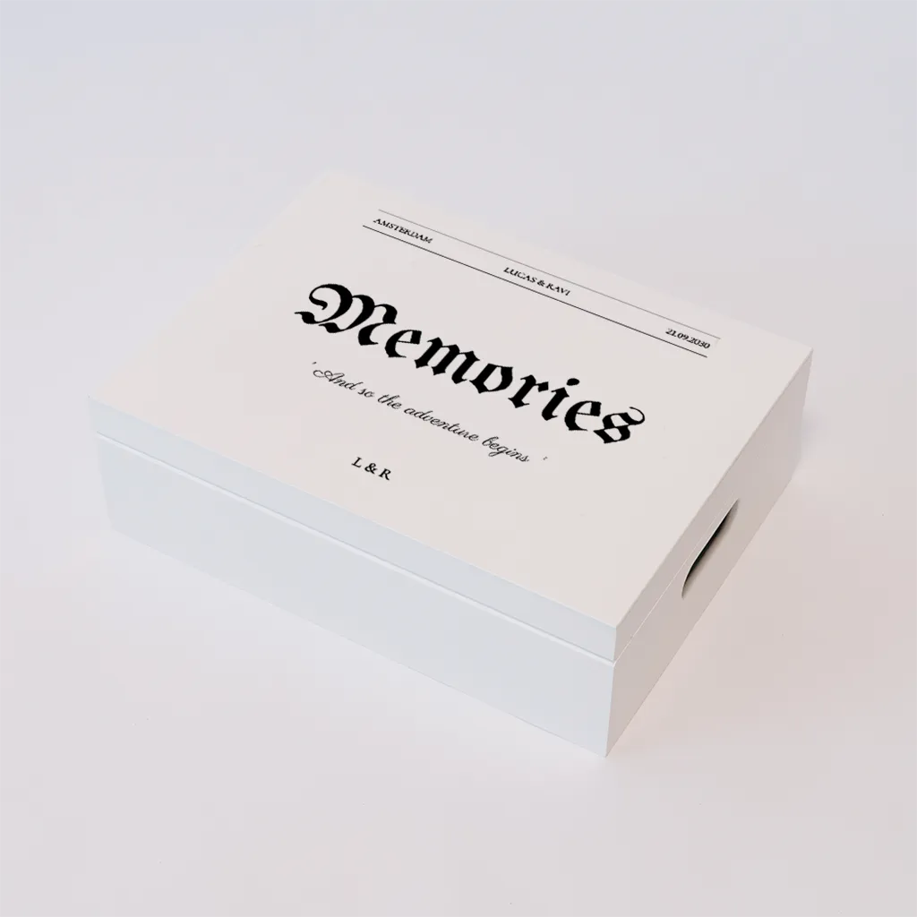 Memorybox huwelijk in krant stijl