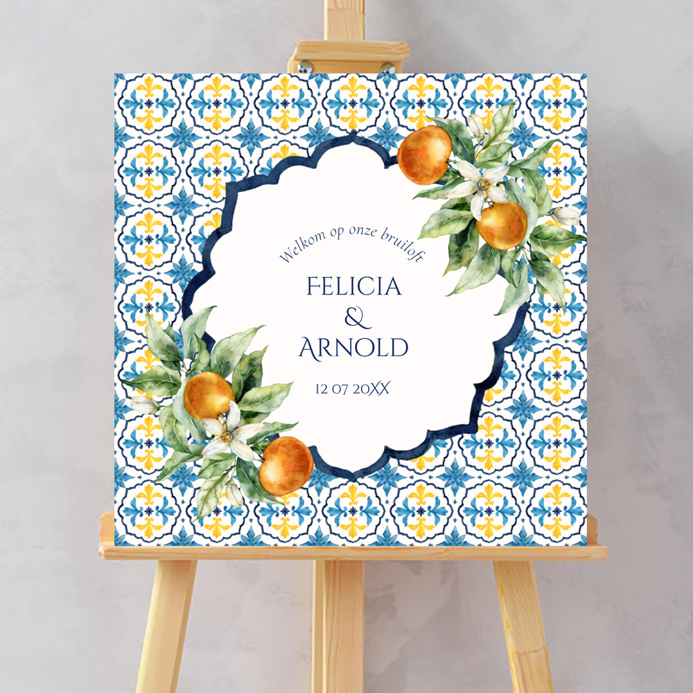 Bruiloftsbord welkom Mediterraans blauw patroon sinaasappels oranje
