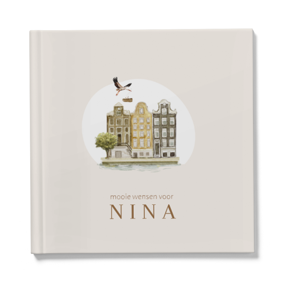 Kraambezoek grachtenpandjes Amsterdam ooievaar aquarel getekend