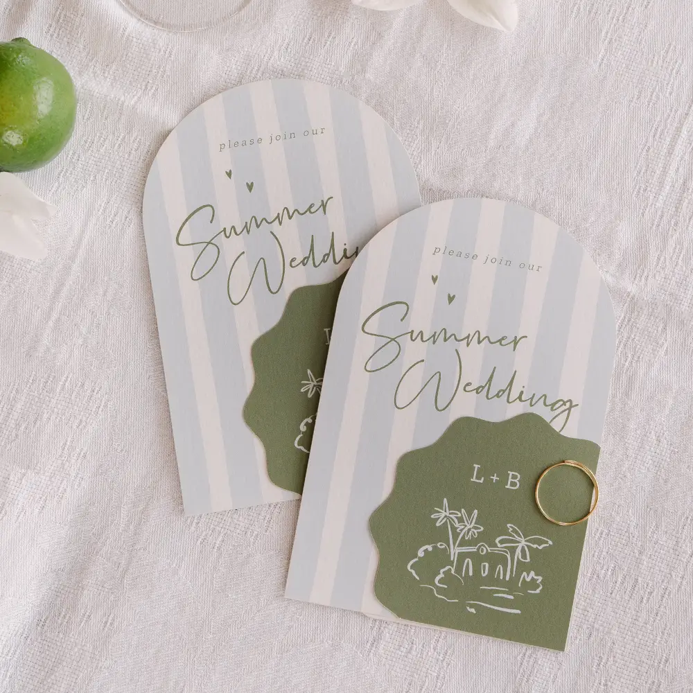 Sommerliche Hochzeitseinladung als Kartenset in Blau und Grün