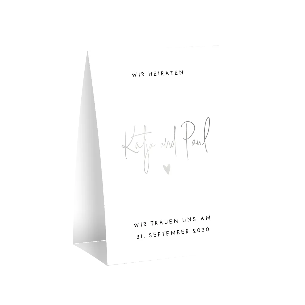 Moderne, schlichte Aufsteller-Hochzeitskarte mit Silberfolie