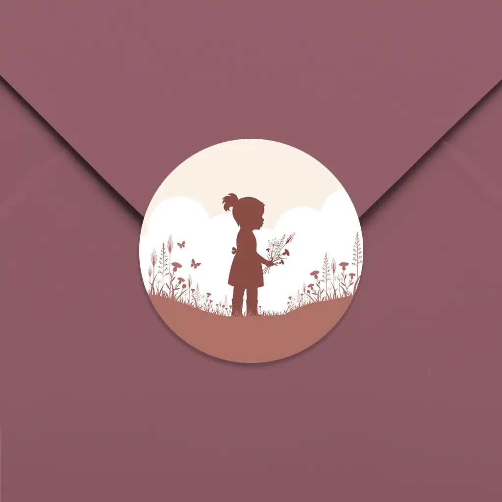 Sluitsticker roze met meisje en bloemen - per 25 stuks