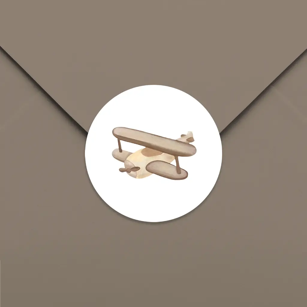 Witte sluitsticker met illustratie vliegtuig - per 25 stuks