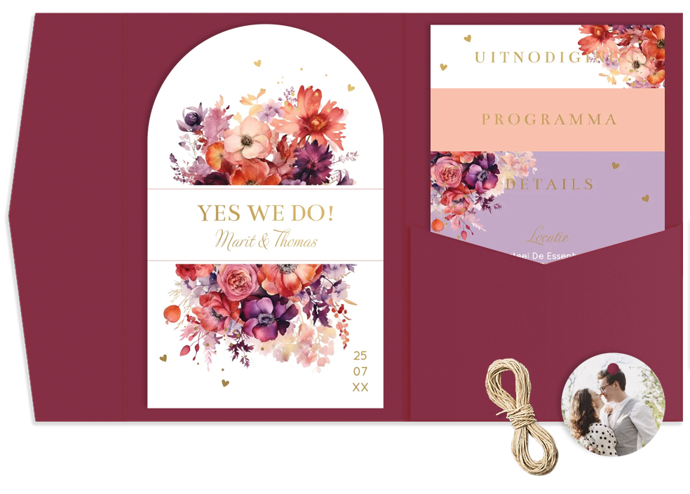 Pocketfold trouwkaart bloemen passion paars rood goudfolie