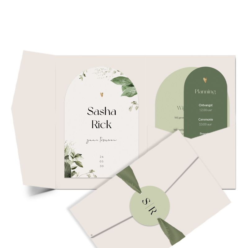 Botanische trouwkaart in pocketfold met echt zijden strik