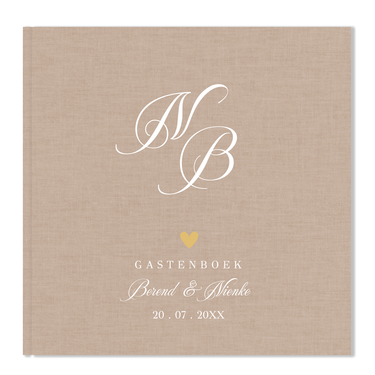Gastenboek bruiloft beige linnenlook sierlijke letters initialen naam