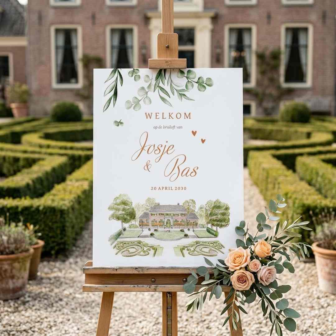Welkomstbord groene takjes met trouwlocatie