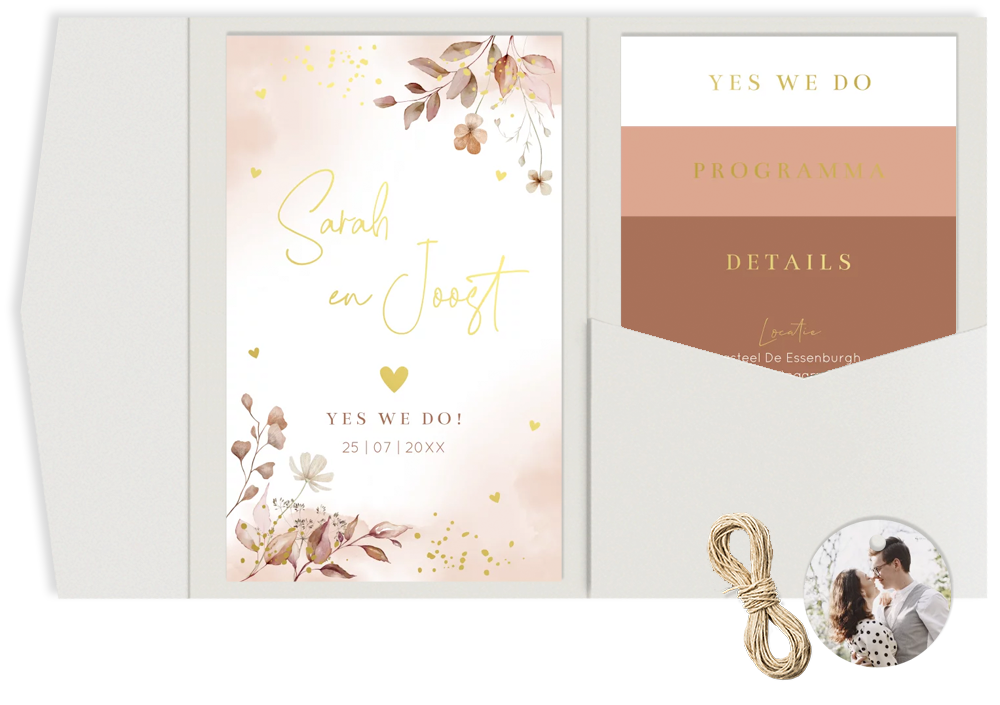 Pocketfold set trouwkaart bloemen terracotta watercolour goudfolie