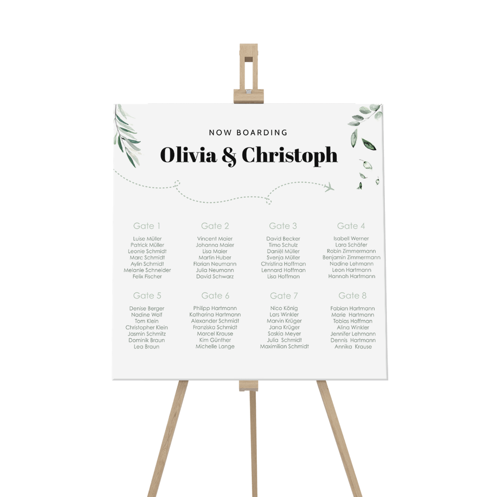 Sitzplan Schild mit Eukalyptusblättern und Flugzeug