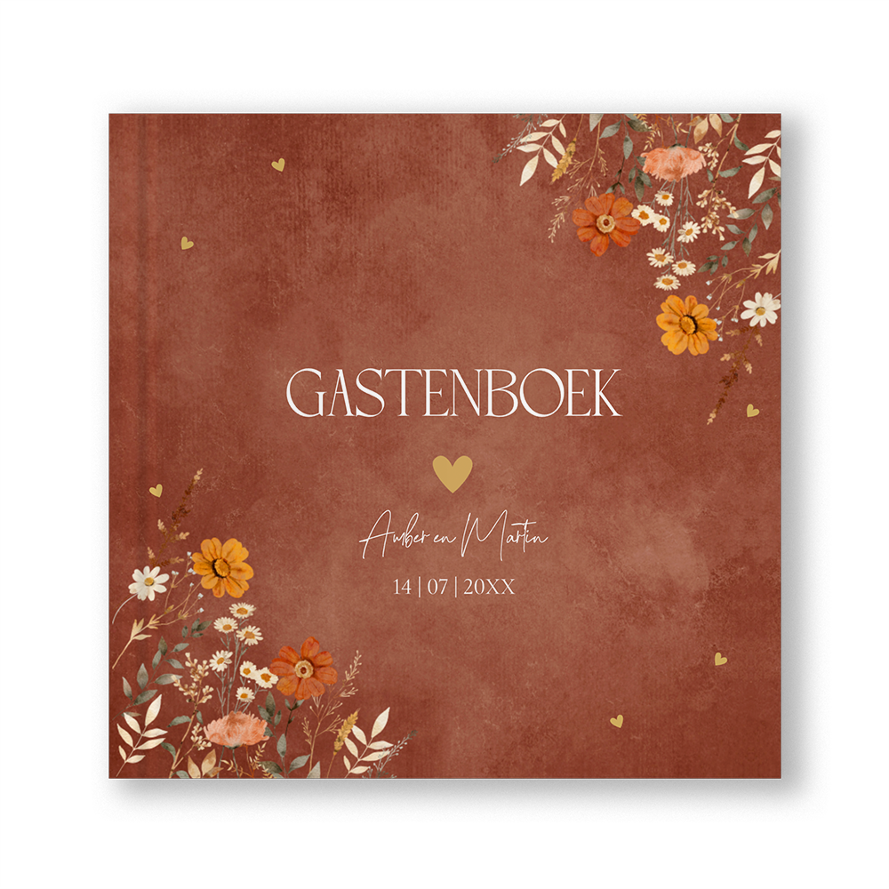 Gastenboek bruiloft bloemen roodbruin