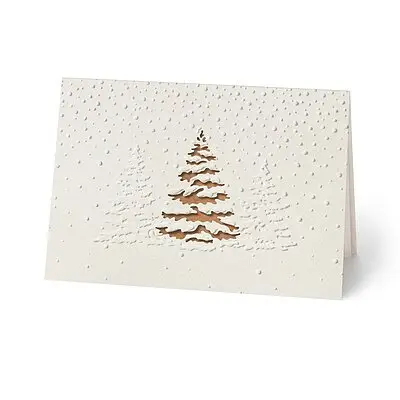  Geschäftliche Weihnachtskarte Blindprägung mit Tannenbäumen und Laserstanzung in Kupfer