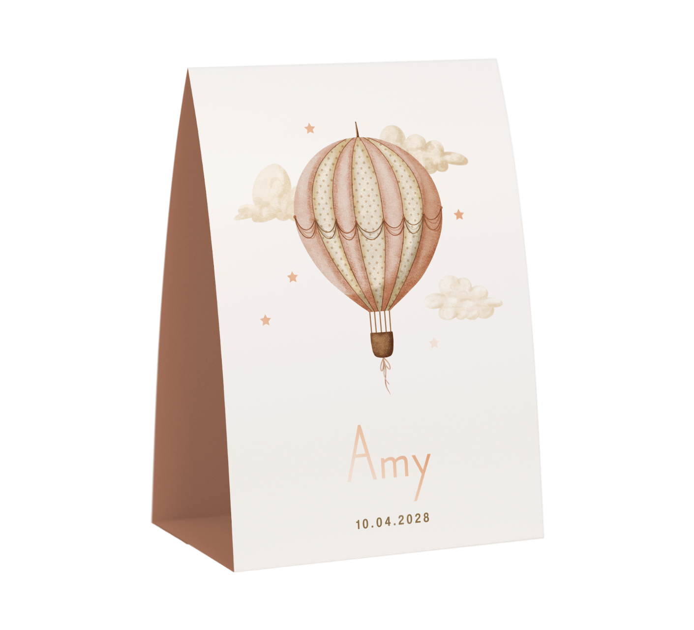 Dromerig geboortekaartje met luchtballon, wolkjes en roségoudfolie
