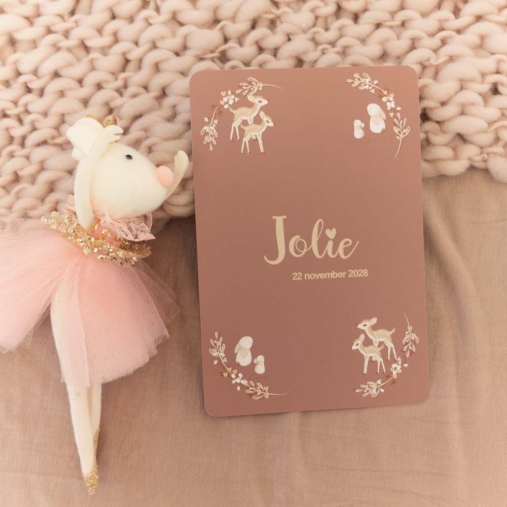 Geboortekaartje in warme kleur met hertjes, konijntjes en muisjes