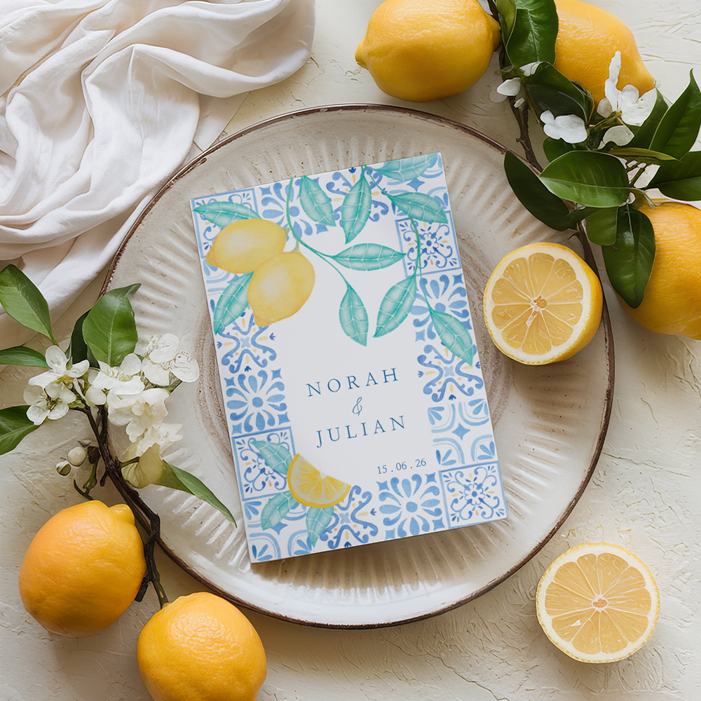 Trouwkaart mediterraanse tegeltjes met citroenen.