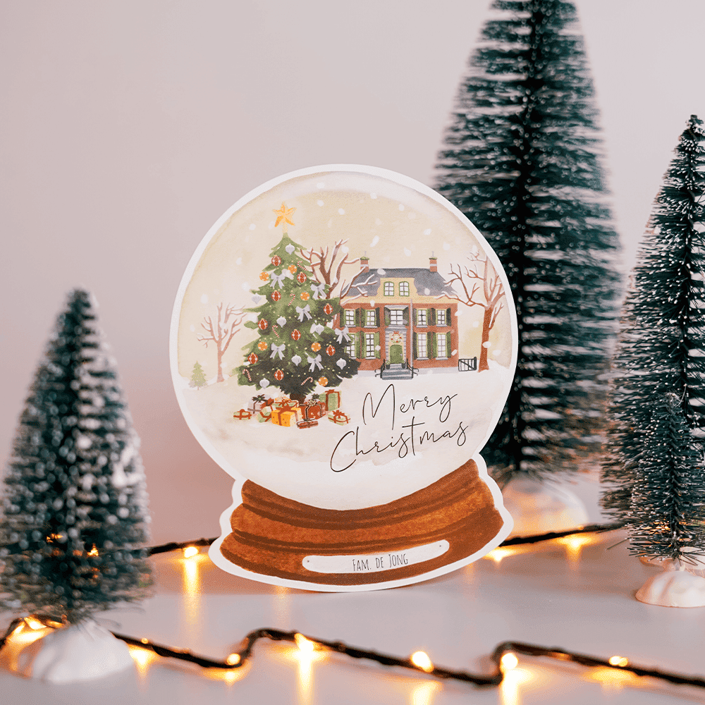 Unieke kerstkaart in snow globe vorm