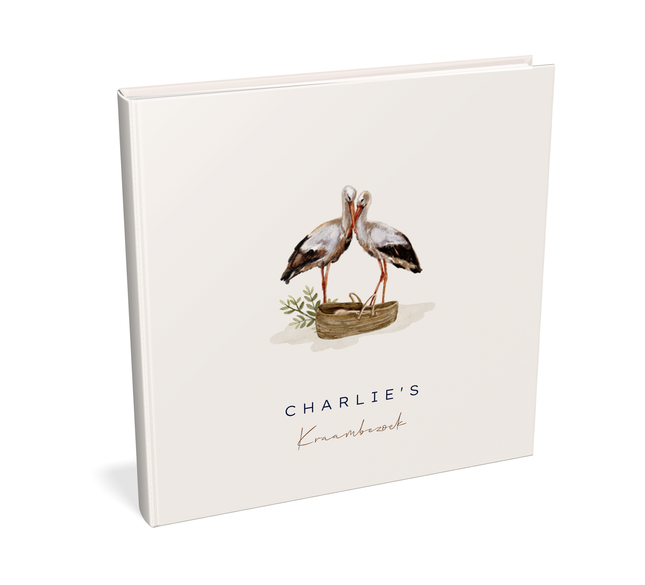 Kraambezoekboek beige met ooievaars en mandje