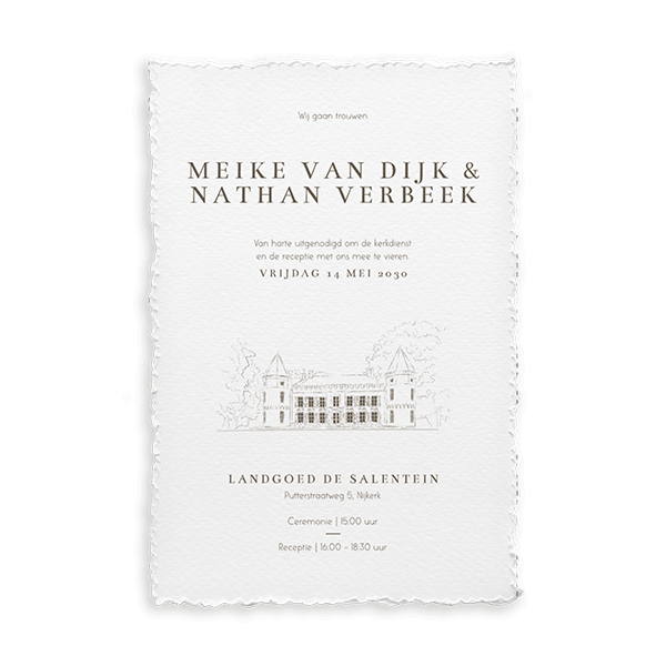 Trouwuitnodiging op geschept papier look met locatie
