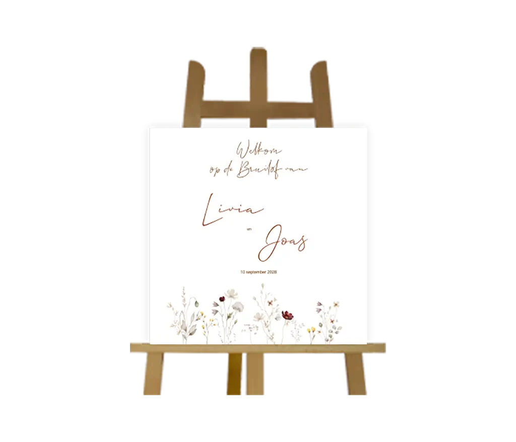 Welkomstbord met bloemenrand in zachte kleuren