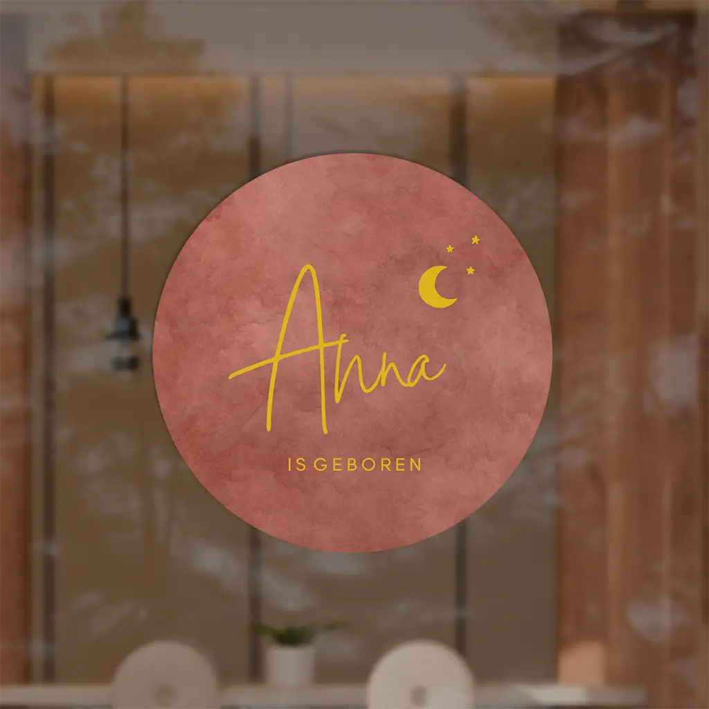 Raamsticker rond met rode velvet-look achtergrond en maantje