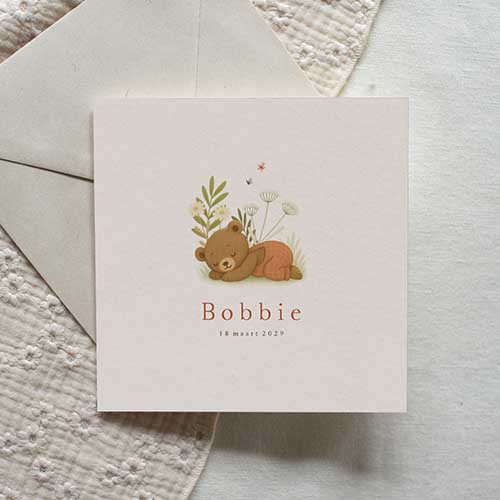 Geboortekaartje neutraal slapend beertje tuinbroekje