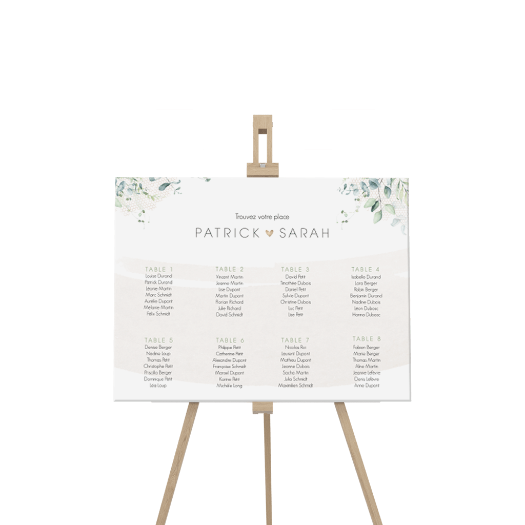 Plan de table avec feuillages à l'aquarelle