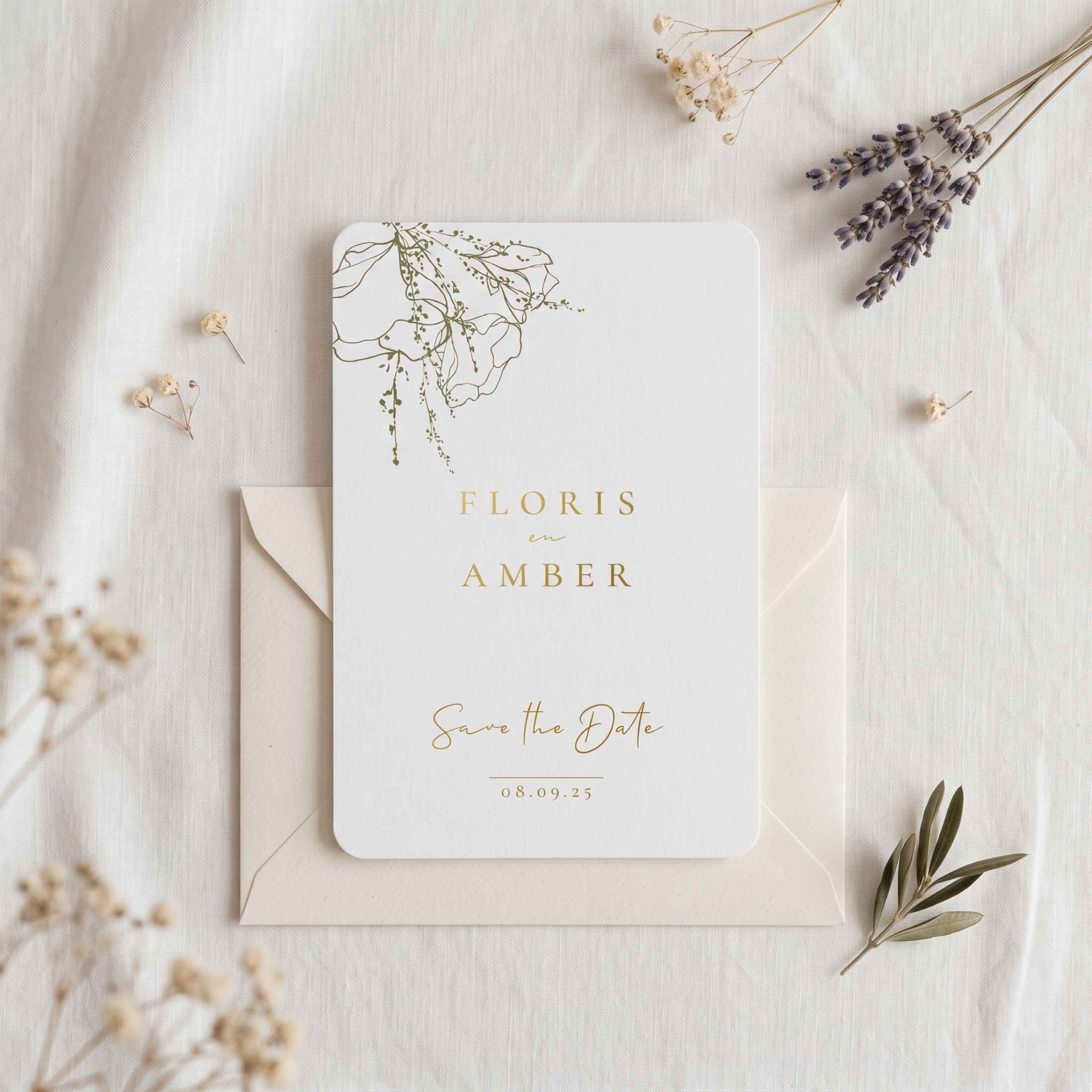 Save the Date kalkpapier schets bloemen goudfolie