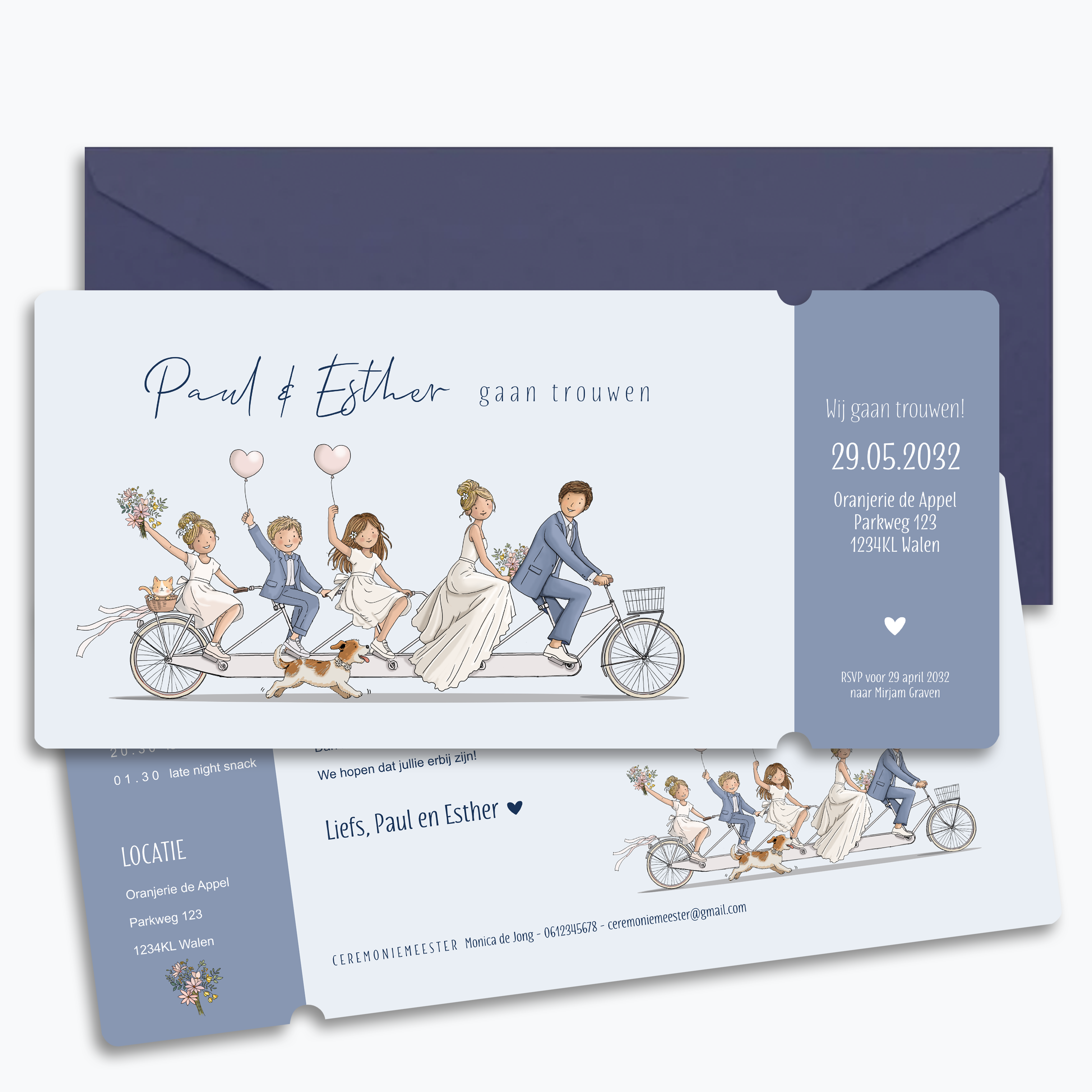 Ticketvorm trouwkaart met tandem en familie blauw