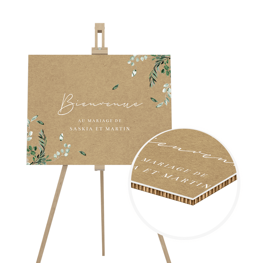 Panneau de bienvenue en carton avec eucalyptus sur aspect kraft