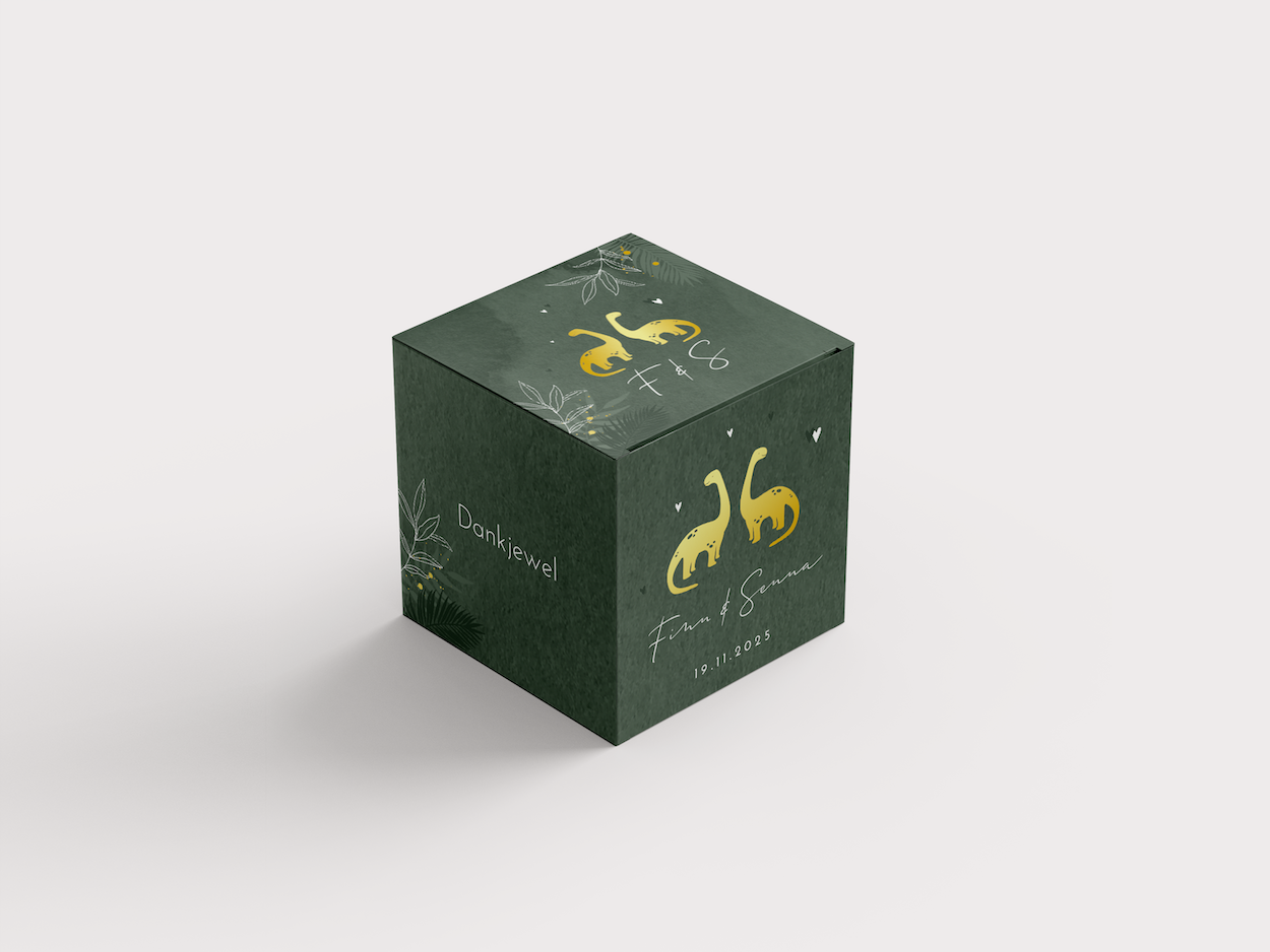 Stoer groen doopsuikerdoosje met goudfolie dinos voor tweeling