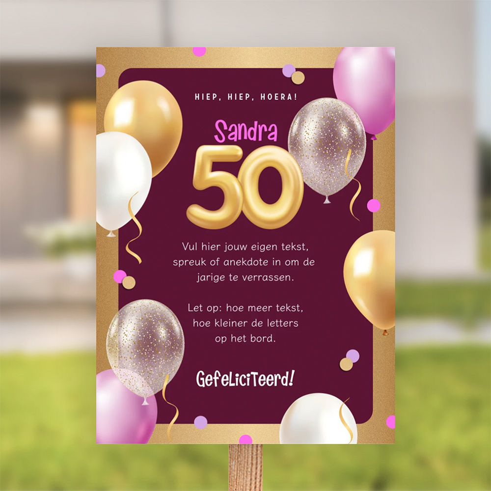 Tuinbord 50 jaar Sarah met tekst, ballonnen en confetti