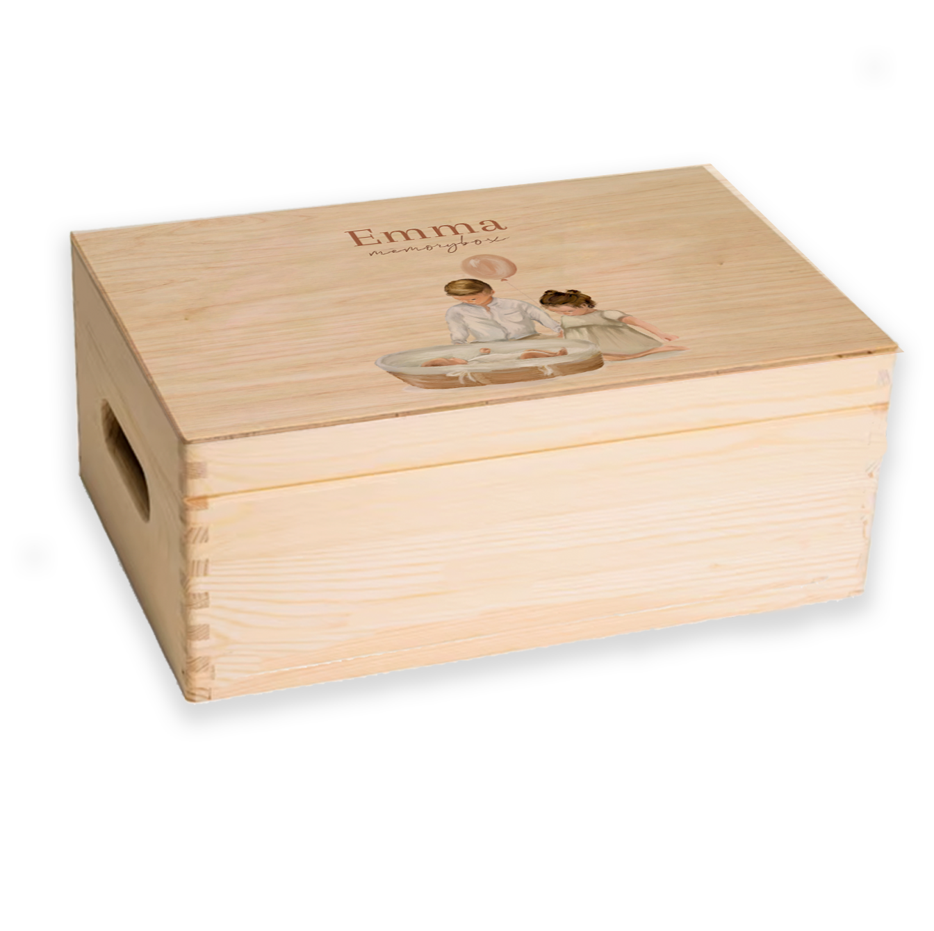 Getekend memorybox gezin kinderen bij wiegje met baby