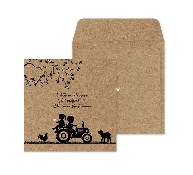 Stoere envelop op maat met kraftlook silhouetjes op traktor