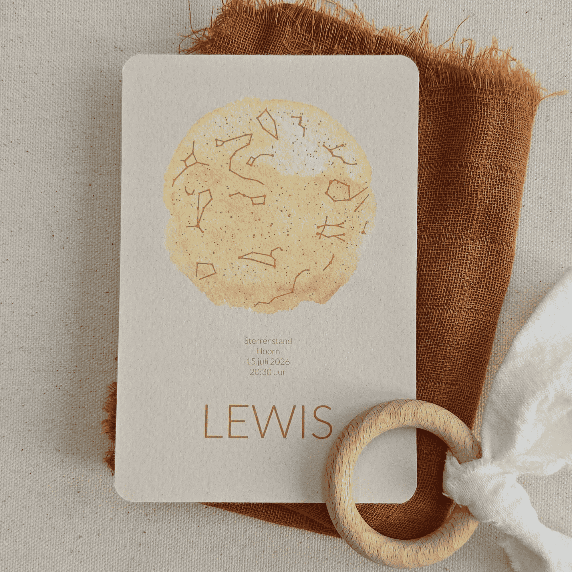 STERRENHEMEL GEBOORTEKAARTJE WATERVERF GEEL