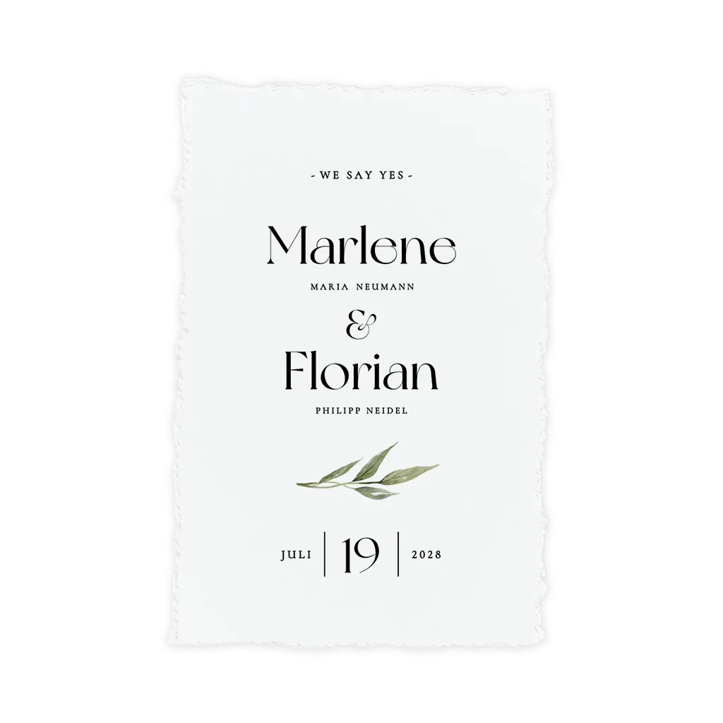 Natürliche Hochzeitseinladung im Büttenpapier-Look mit Olivenzweig