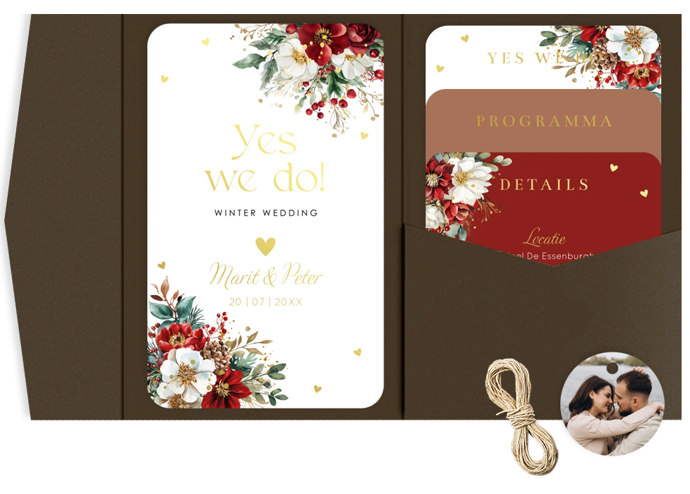 Pocketfold trouwkaart kerst bloemen rood goudfolie