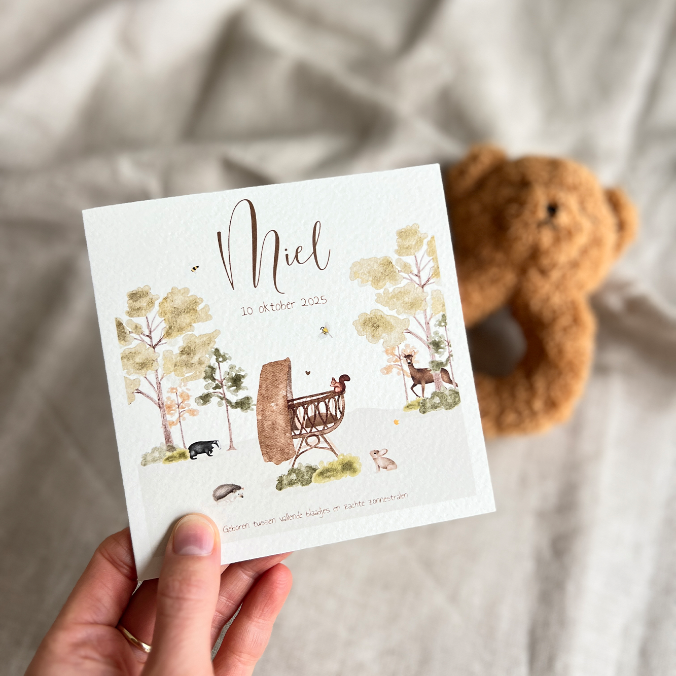 Geboortekaartje waterverf bosdieren wieg beige