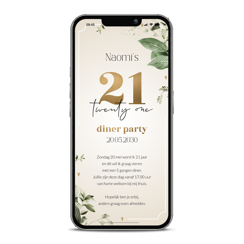 Digitale goudlook 21 diner party uitnodiging met botanische bladeren