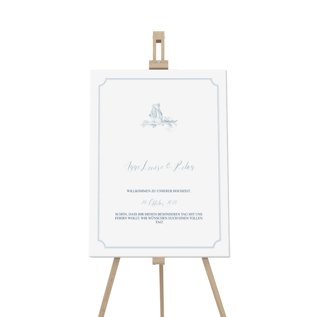 Klassisches Willkommensschild mit blauem Toile-de-Jouy auf weißem Hintergrund