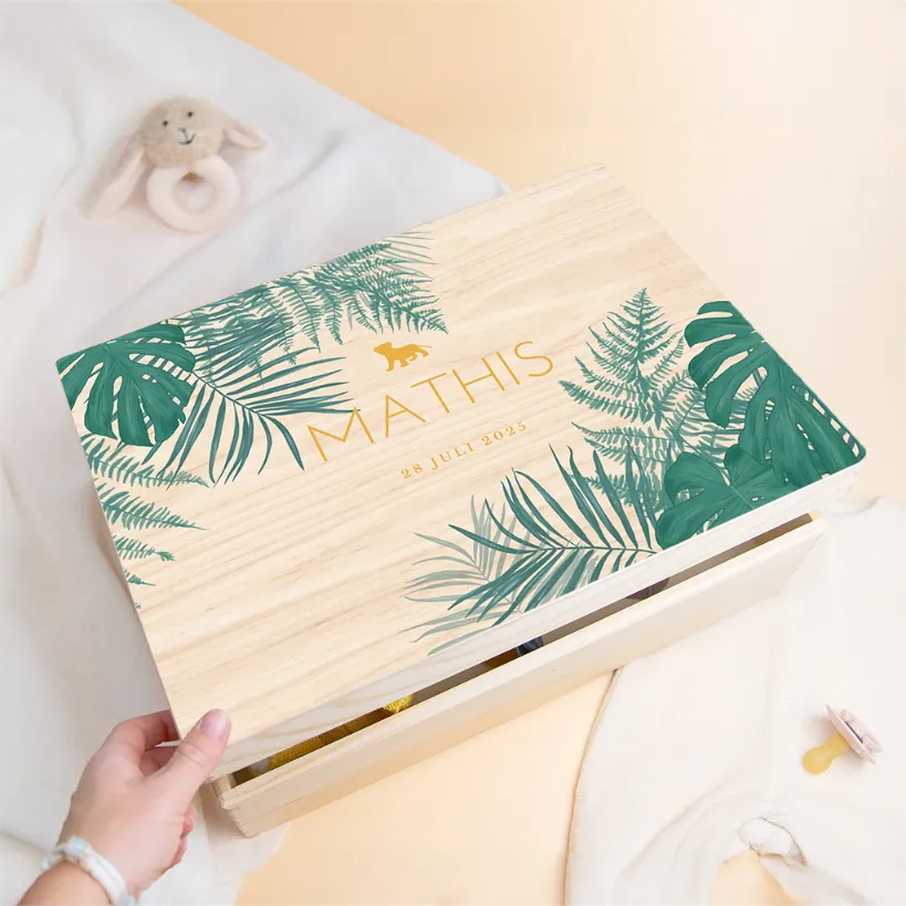 Houten bewaarkist in jungle thema met een leeuwtje