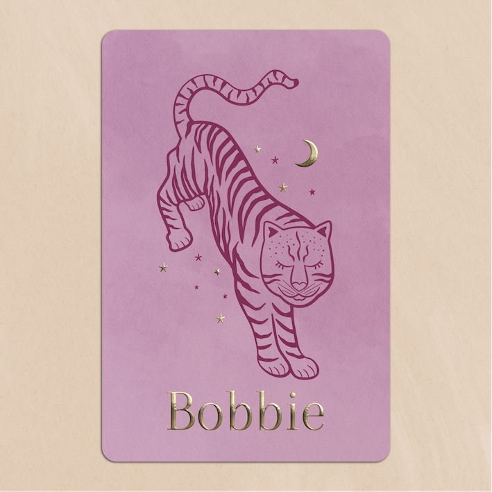 Stoer Geboortekaartje Meisje Tijger met Sterren en Maantje Paars Goudfolie