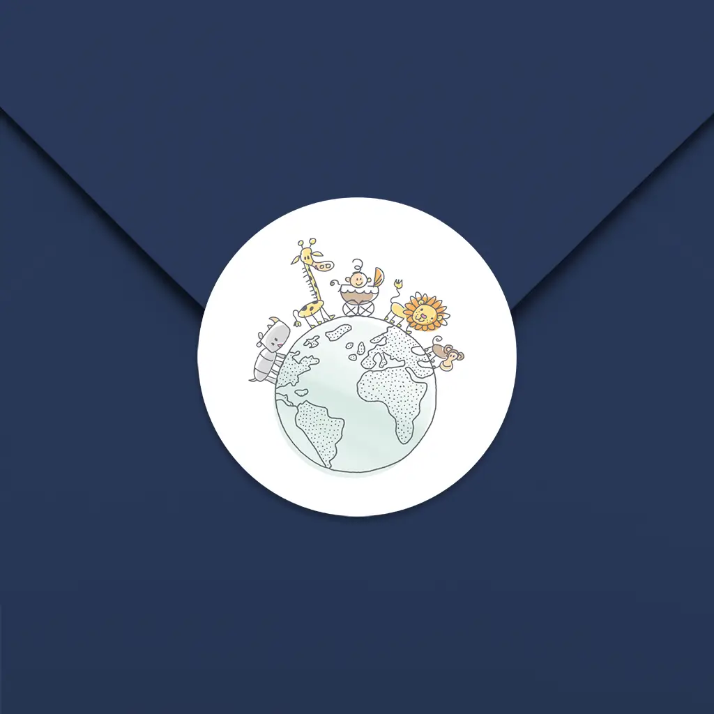 Sluitsticker met wereldbol en jungledieren - per 25 stuks