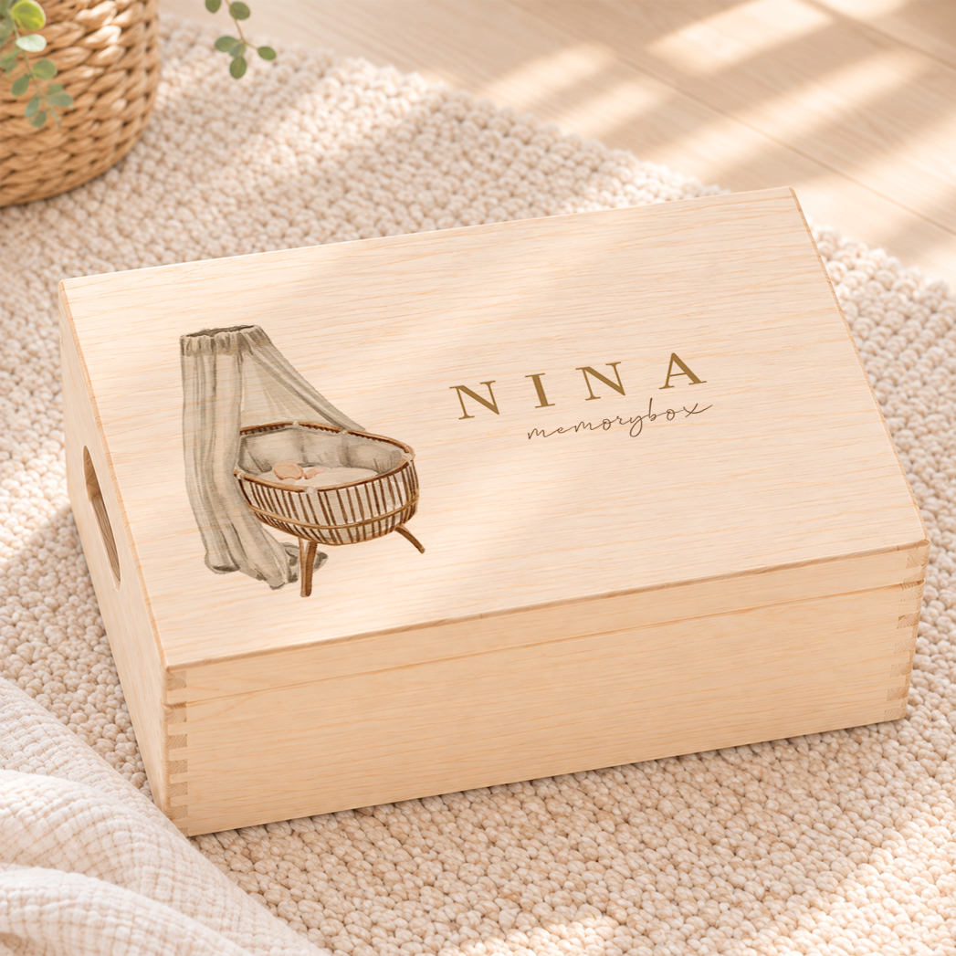 Memorybox geboorte illustratie wiegje
