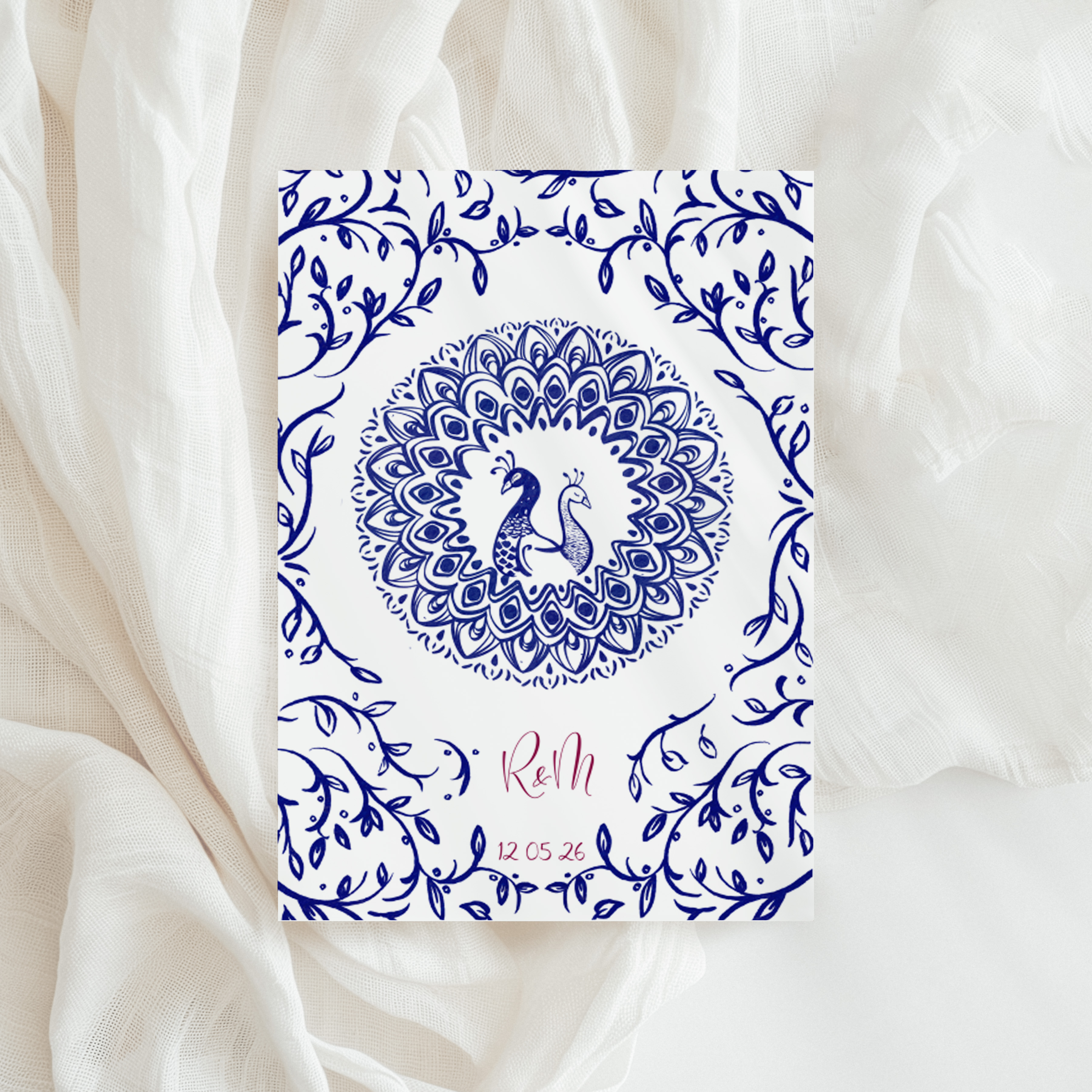 Trouwkaart met mozaïek en pauwen