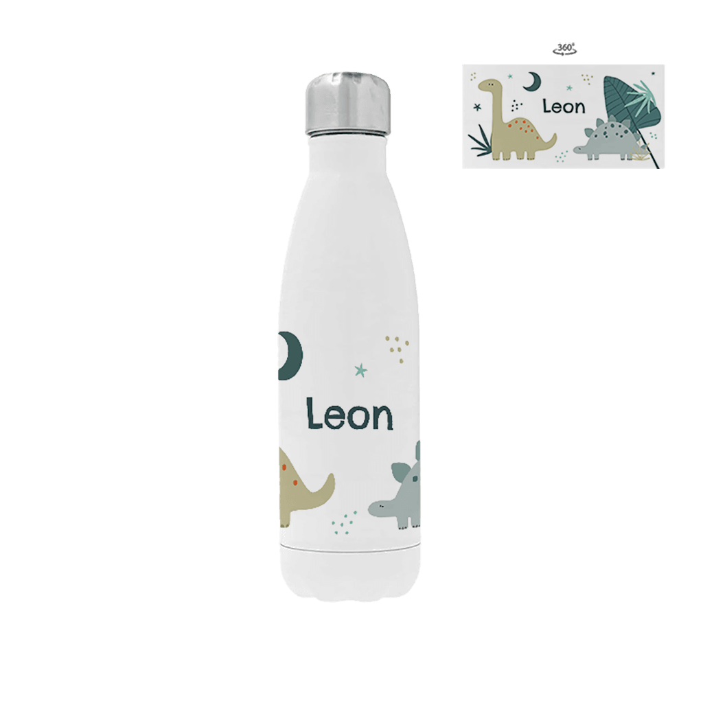 Trinkflasche aus Edelstahl mit Namen und Dinosauriern