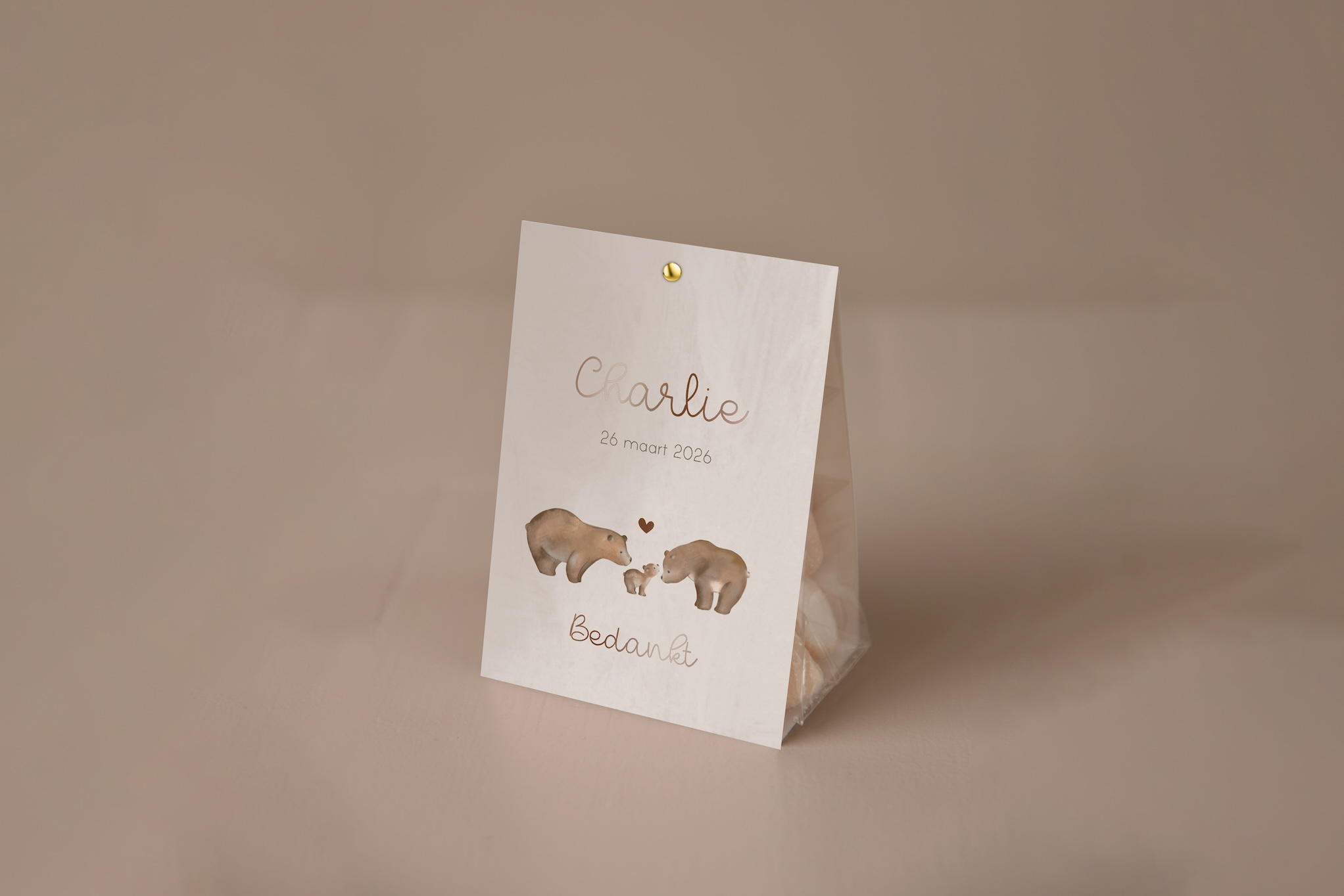 Doopsuiker snoepzakje met lieve berenfamilie in hoogglans