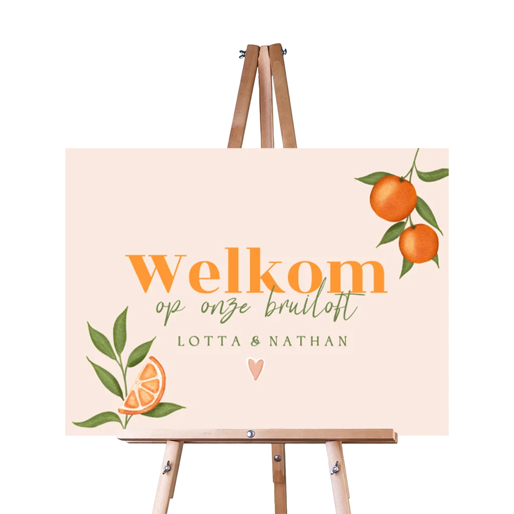 Welkomstbord bruiloft met sinaasappels