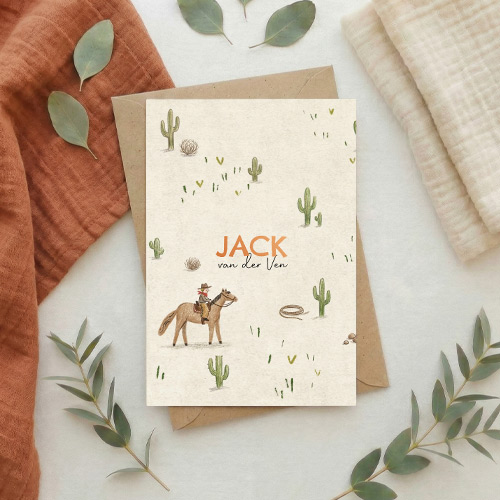 Geboortekaartje jongen cowboy paard koperfolie