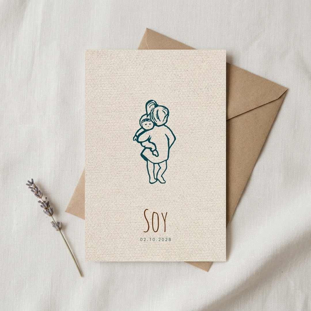 Geboortekaartje jongen lijntekening zus met baby broertje in armen