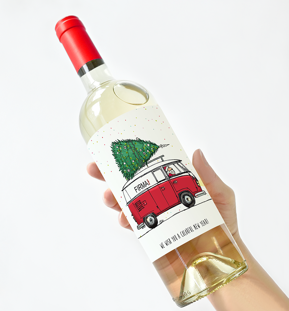 Wijnfles etiket van volkswagen busje 