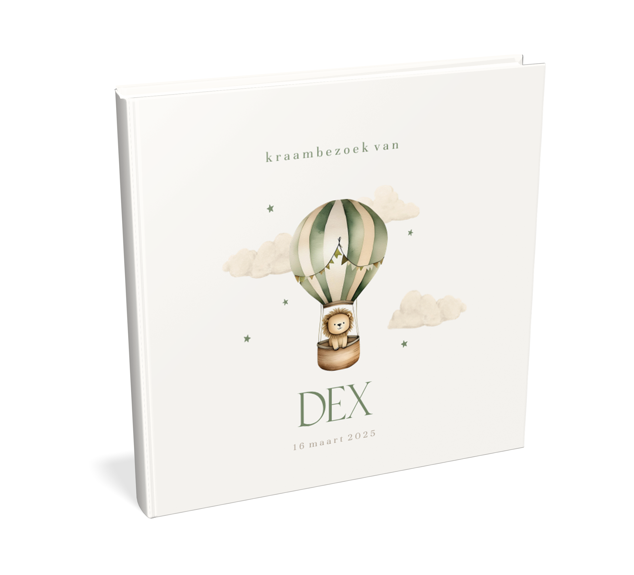 Kraambezoekboek met groene luchtballon en leeuwtje